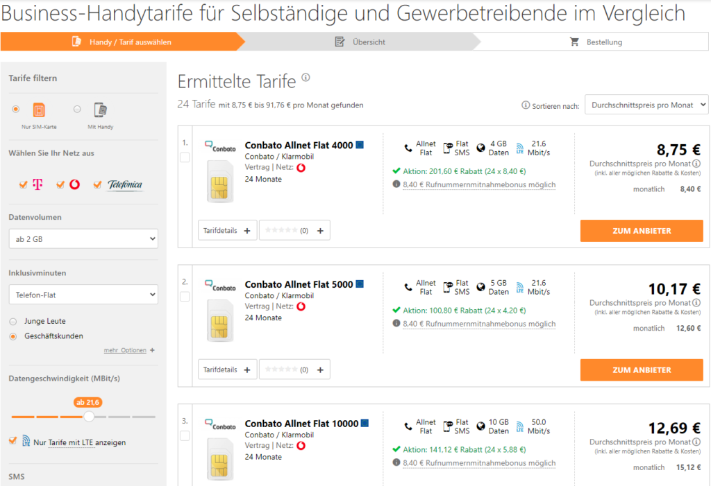 Business reine Handytarife (SIM-only) für Selbständige und Gewerbetreibende im Vergleich